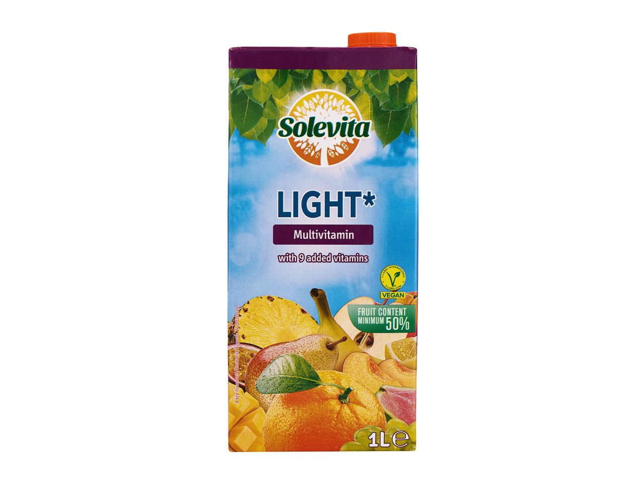 Băutură multivitaminică light cu 9 vitamine adăugate și un conținut minim de fructe de 50%, ambalată într-o cutie de 1 litru.