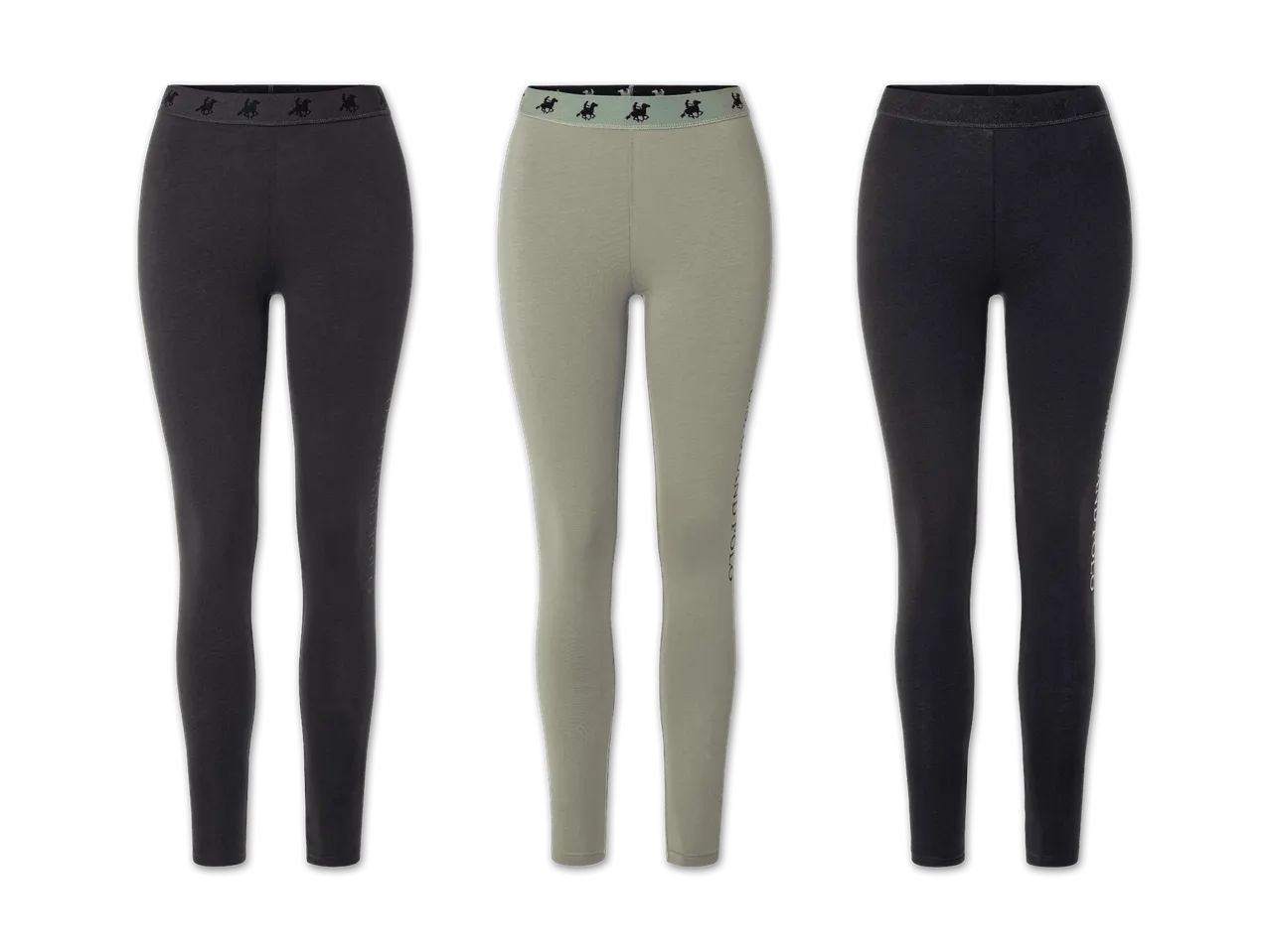 Drei Leggings in Dunkelgrau und Hellgrau mit gemustertem Bund.
