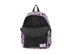 A purple and black Vans backpack with a front pocket.