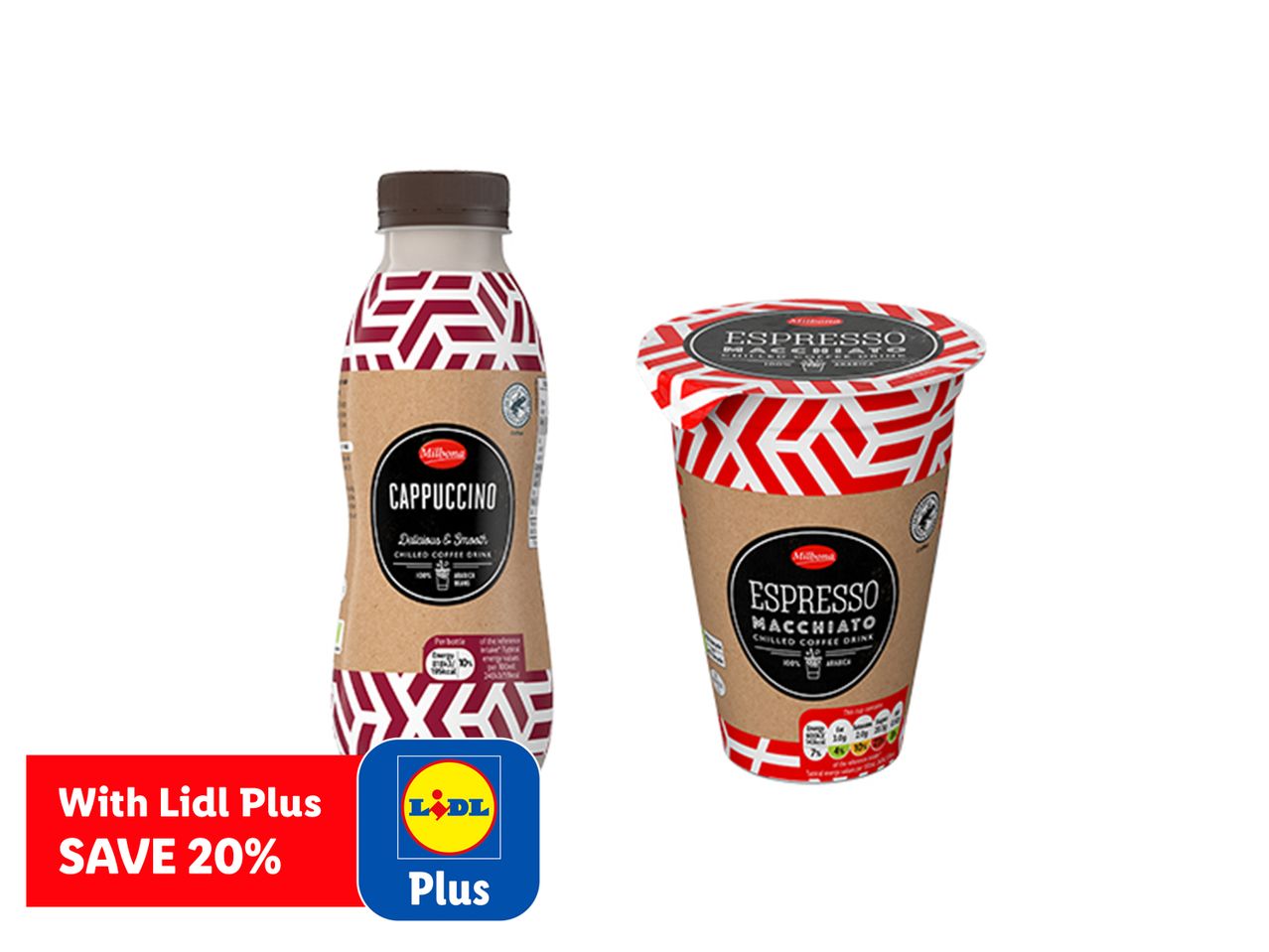 Milbona Cappuccino and Espresso Macchiato chilled coffee drinks with Lidl Plus 20% off.