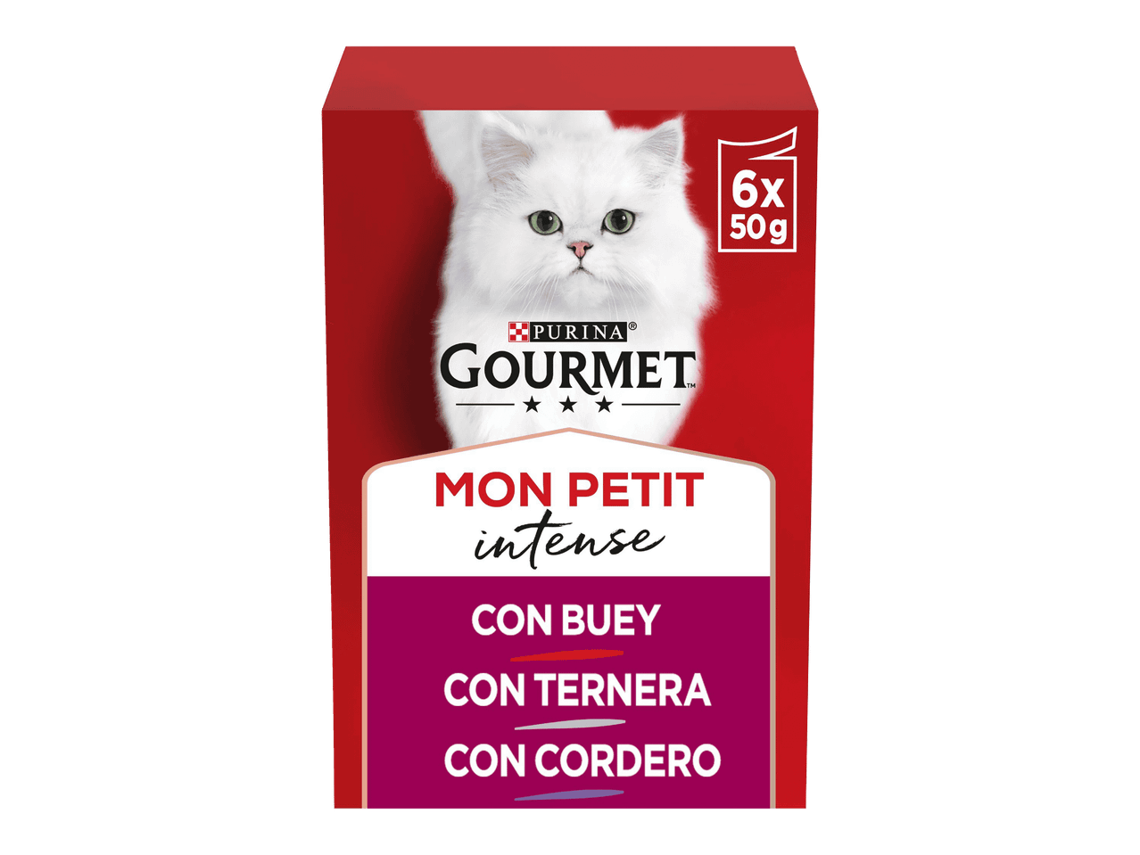Purina Gourmet Mon Petit Intense -kissanruokapakkaus, jossa on valkoinen kissa ja maininta naudanlihasta, vasikanlihasta ja karitsasta.