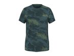 Dark green short-sleeved t-shirt with a camouflage pattern and yellow diagonal stripes.
