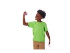 A smiling boy in a green t-shirt flexing his arm with a purple stress ball.