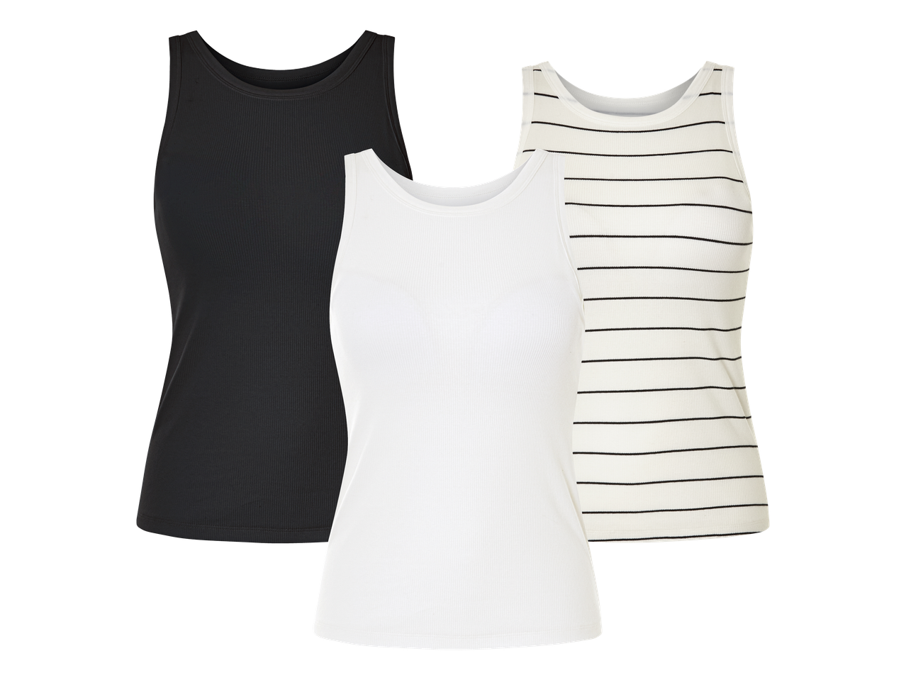 Tri ženske rebraste majice bez rukava: crna, bijela i bijela s crnim prugama.