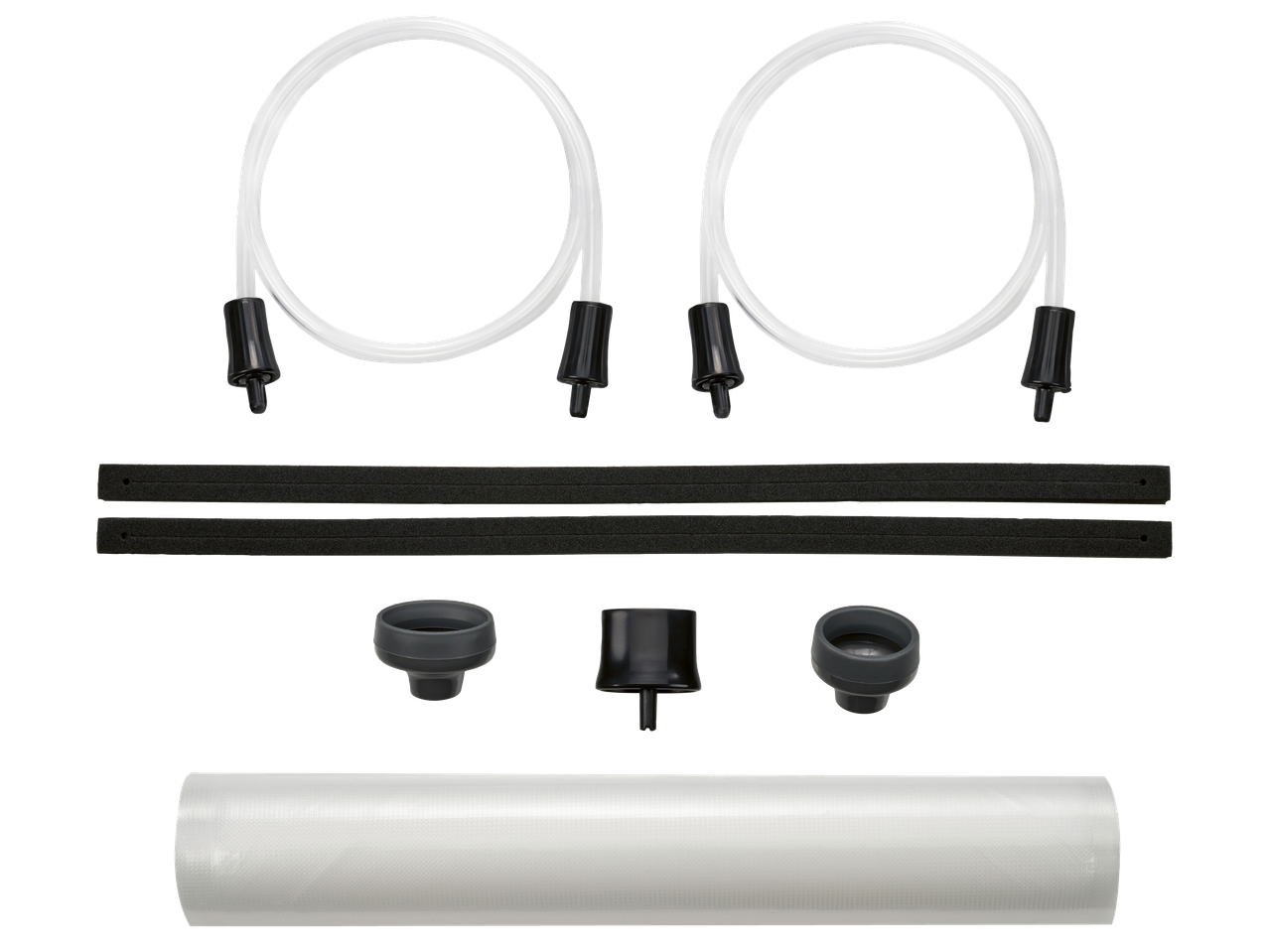 Комплект аксесоари за вакуумиране, включващ маркучи, уплътнения, адаптери и ролка фолио.