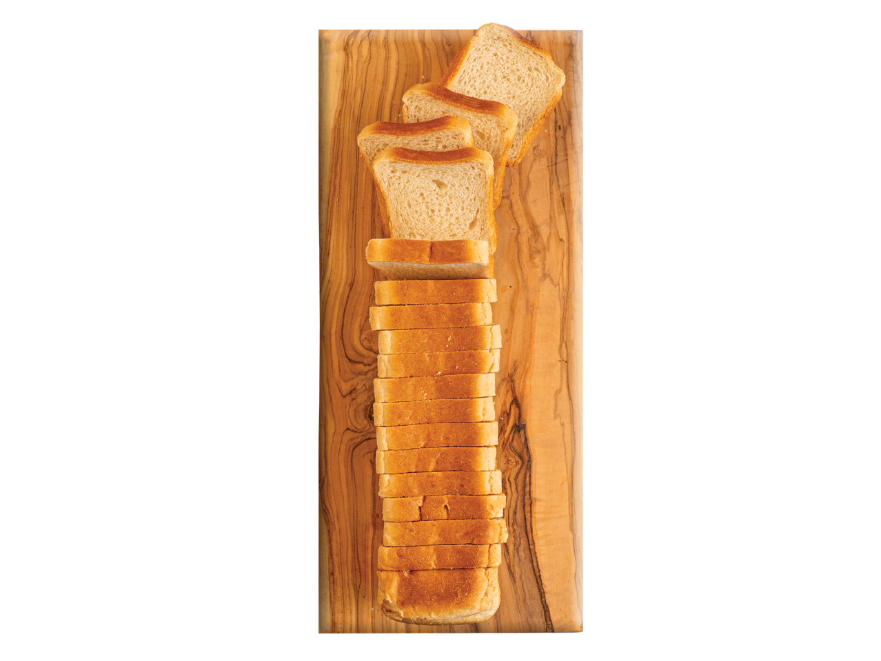 Supjaustyta balta duona ant medinės pjaustymo lentos, paruošta sumuštiniams.