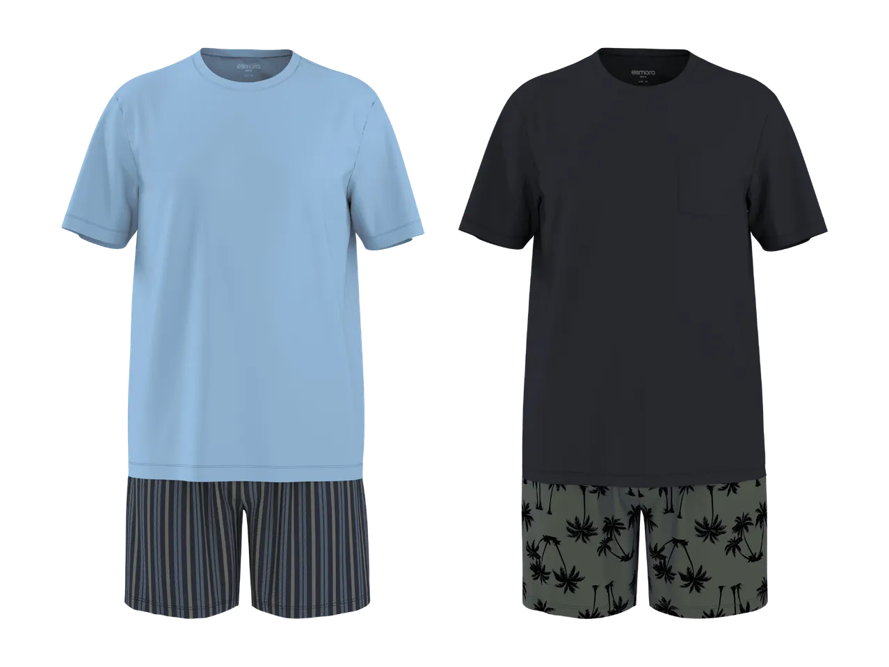 Miesten pyjamasetit: vaaleansininen t-paita raidallisilla shortseilla ja tummansininen t-paita palmukuvioiduilla shortseilla.