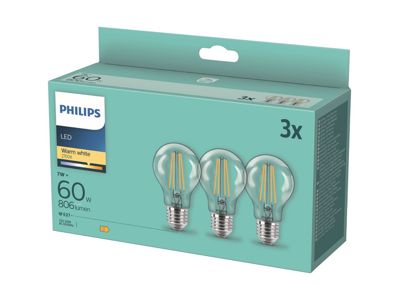A 3-pack of LED light bulbs in warm white, 7W equivalent to 60W, 806 lumens.