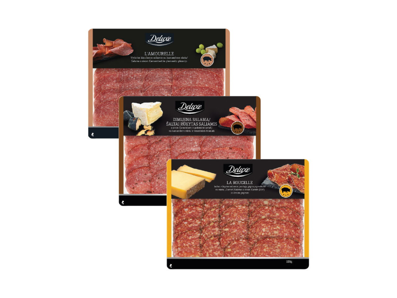 Trys pakuotės vytintos ir šaltai rūkytos dešros su sūriu.