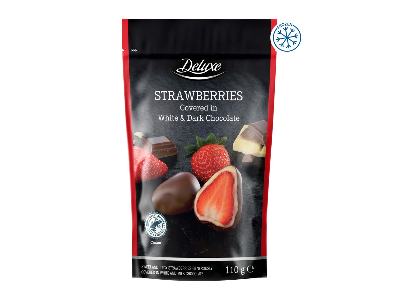 Frozen strawberries covered in white and dark chocolate, 110g.
