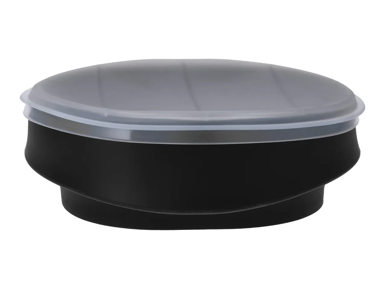 Black collapsible food container with a translucent grey lid on a white background.
