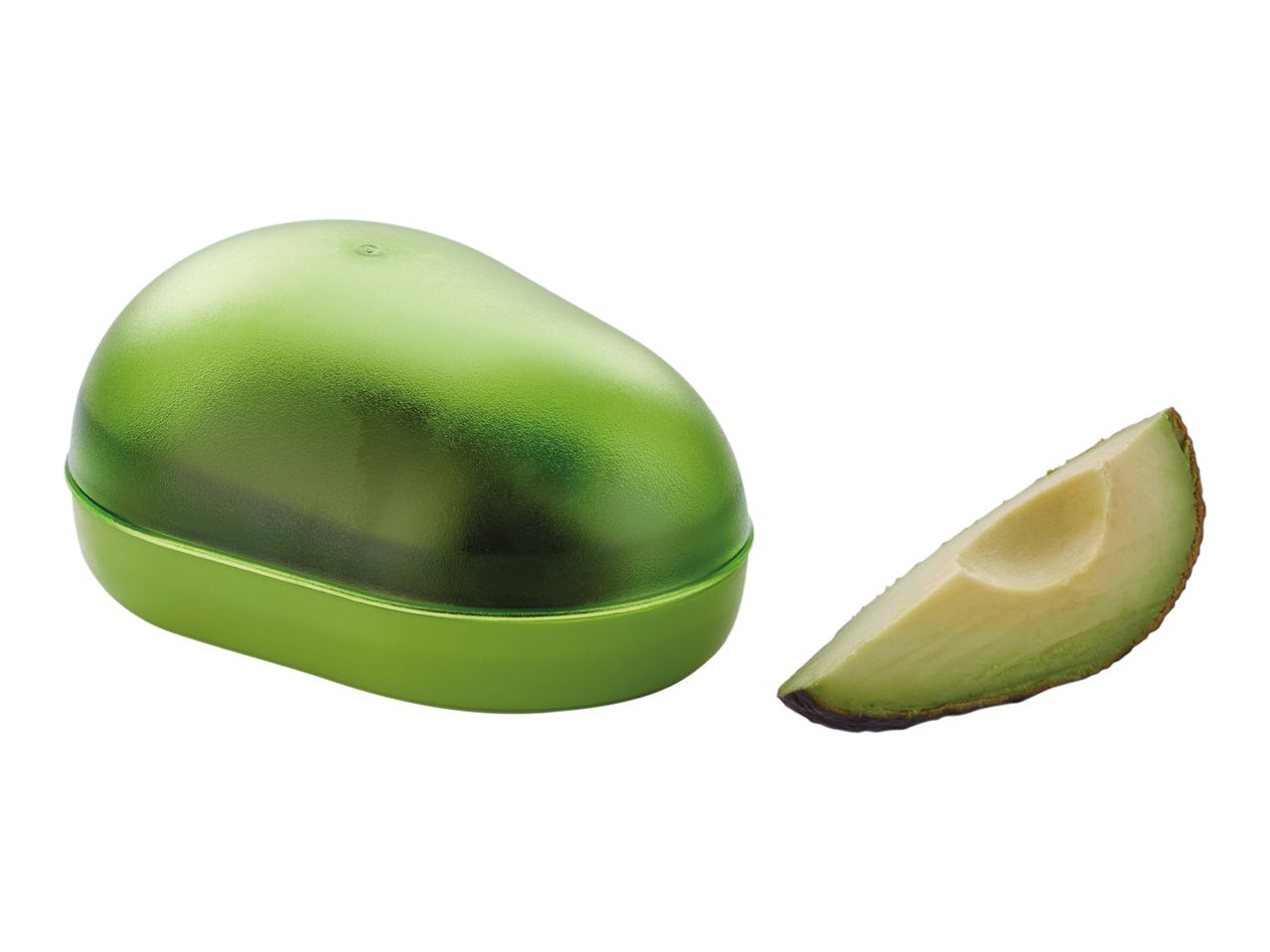 Avocado keeper container and a slice of avocado.