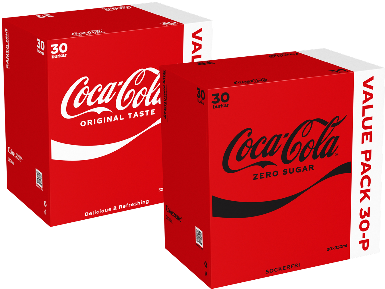 Två Coca-Cola 30-pack, en med original smak och en sockerfri.