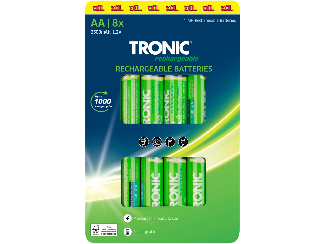 Tronic® AA 8 vnt. įkraunamų baterijų pakuotė, 2500mAh, 1.2V, iš anksto įkrautos ir paruoštos naudoti.