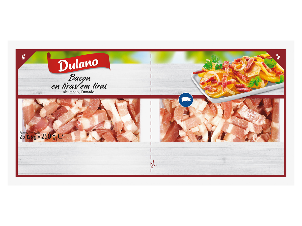 Embalagem de bacon fumado Dulano em tiras, com uma imagem de sugestão de apresentação.