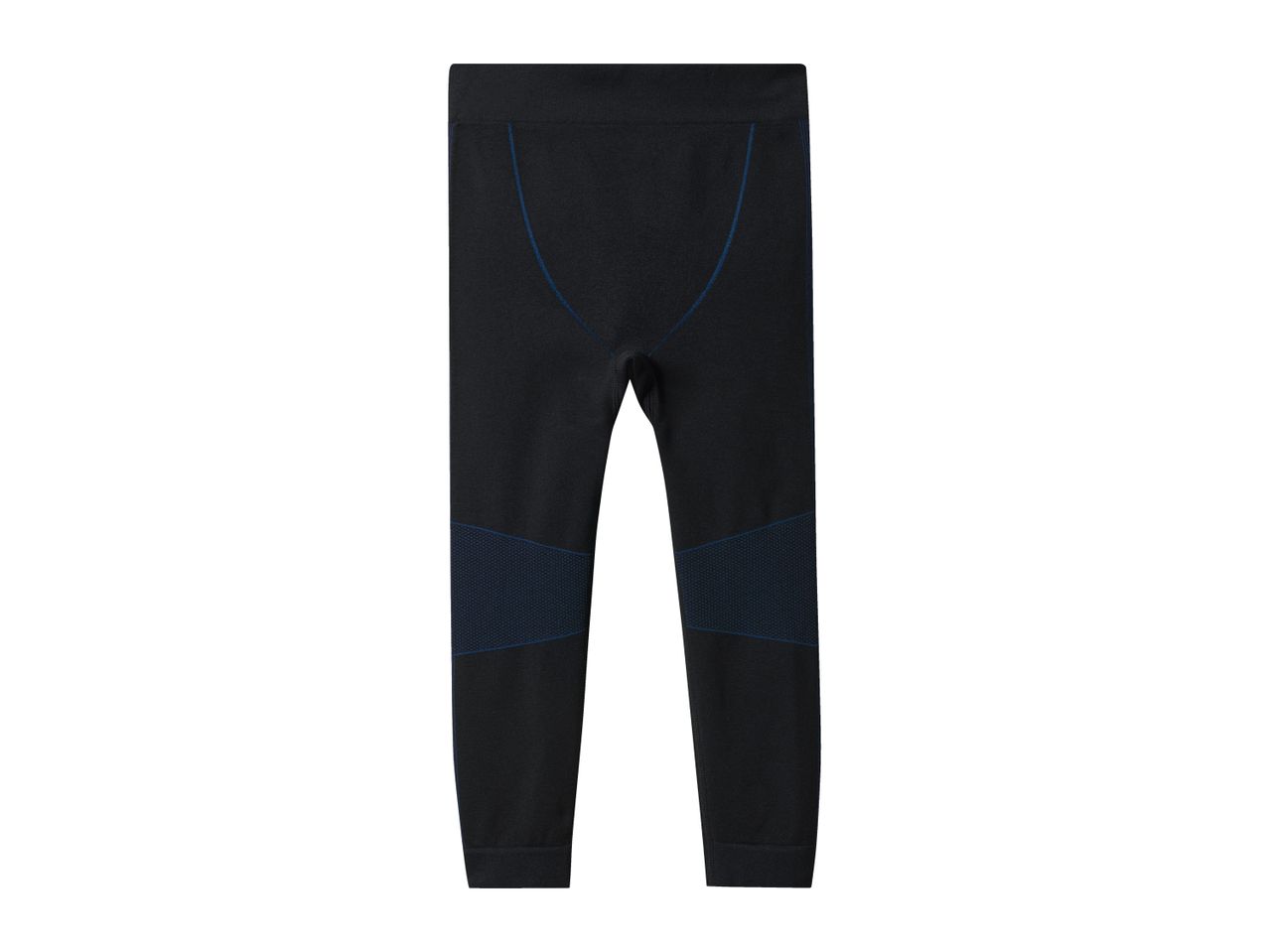 Black thermal leggings with blue stitching and textured panels