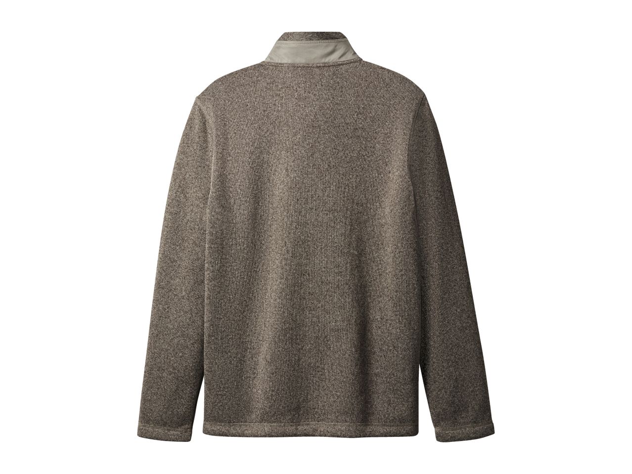 Back view of a men's brown quarter-zip fleece sweater with a stand-up collar.