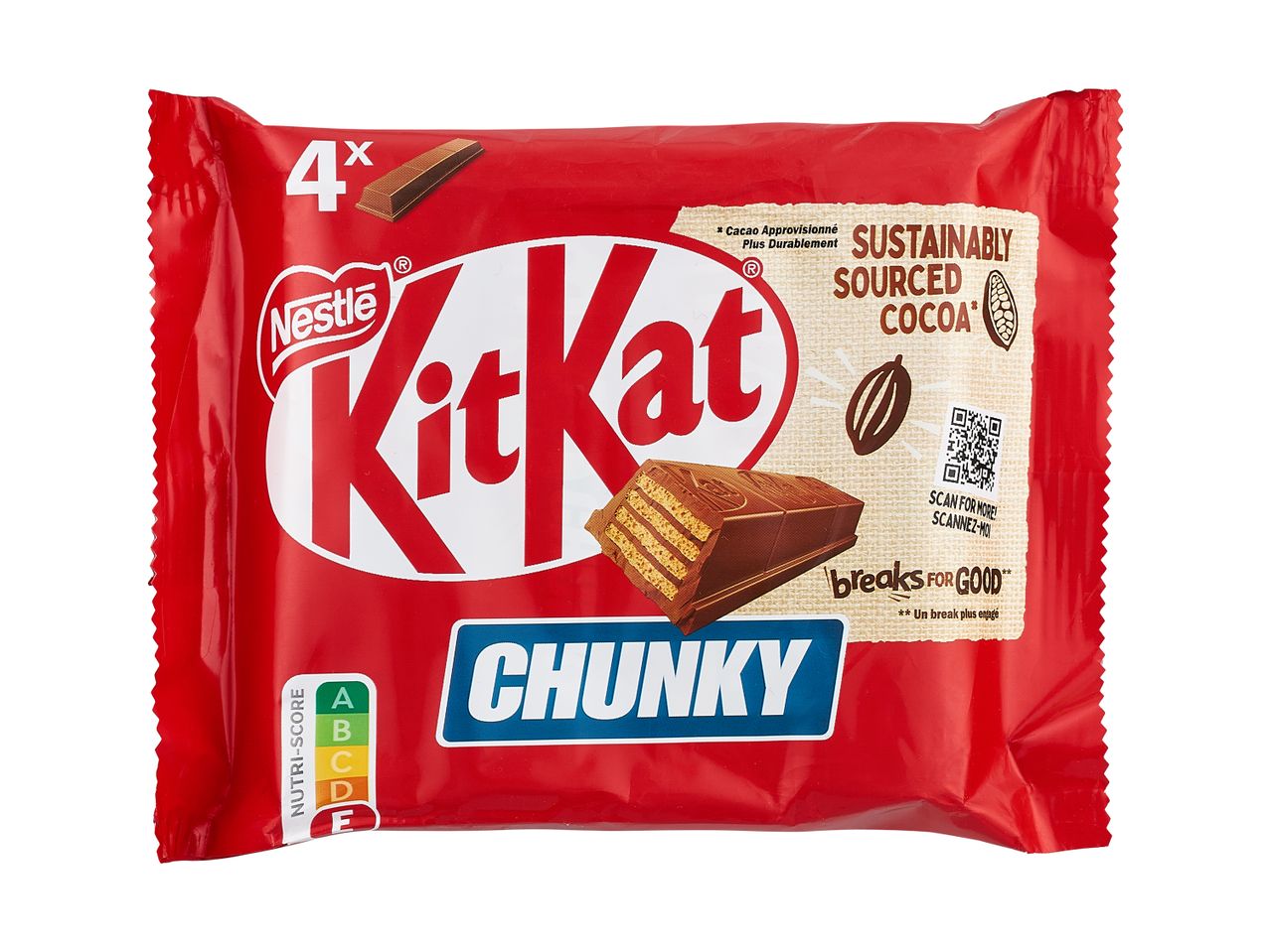 Raudona „Kit Kat Chunky“ pakuotė su keturiais šokoladiniais batonėliais ir užrašu „Tvariai gauta kakava“.