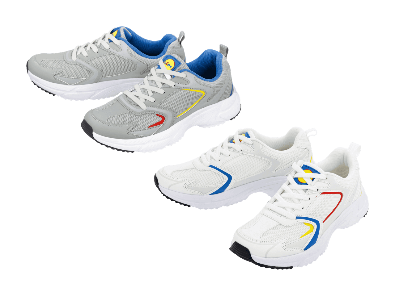 Deux paires de baskets de sport, une grise et une blanche, avec des accents bleus, jaunes et rouges.