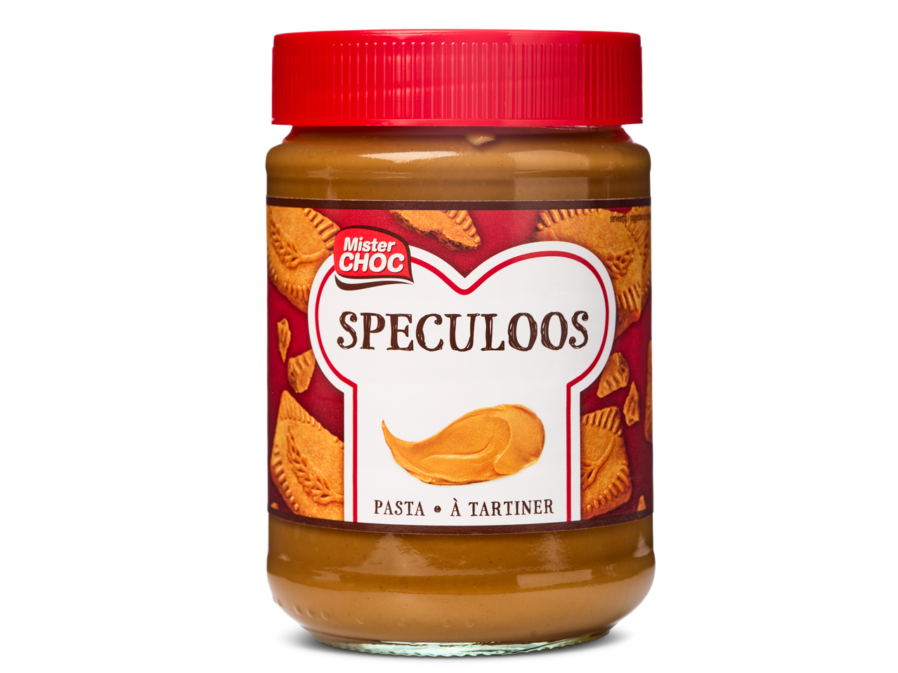 Mister Choc speculoospasta in een glazen pot.