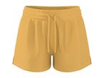 Yellow athletic shorts with a drawstring waist and side slits.