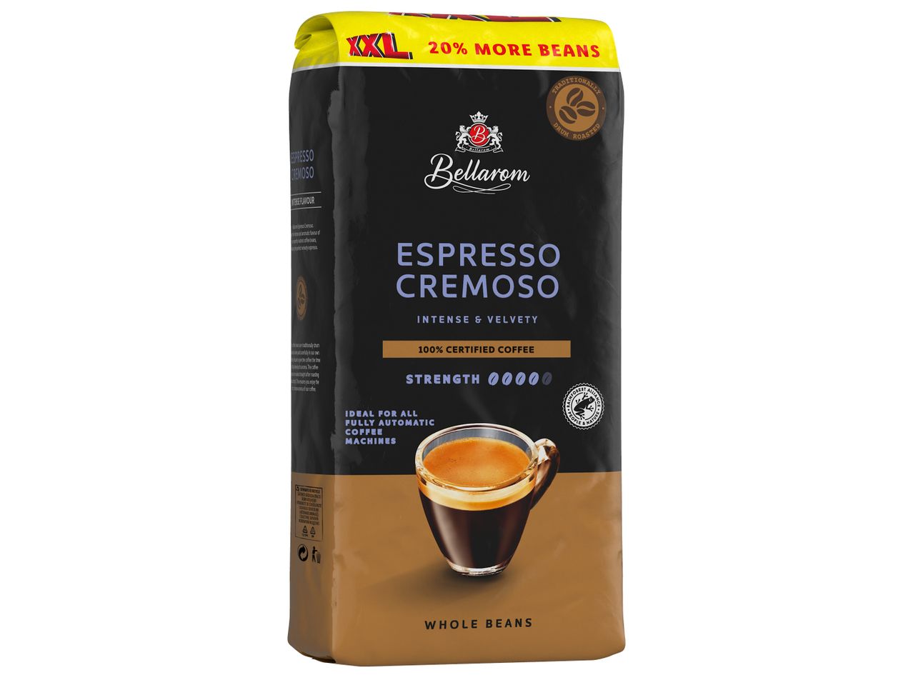 Пакет кафе на зърна XXL Espresso Cremoso, 20% повече зърна, интензивно и кадифено.