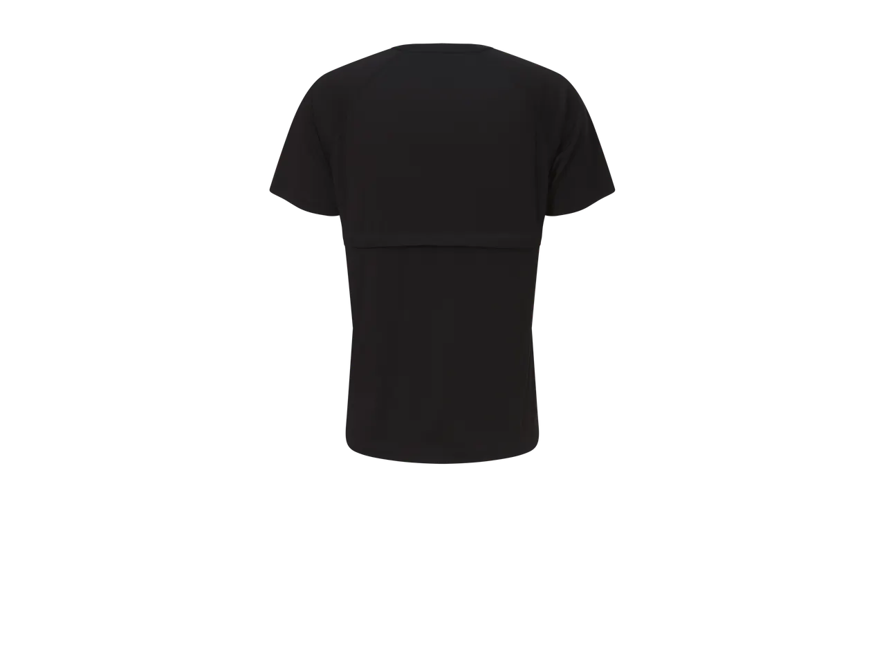 Camiseta preta de manga curta, vista traseira.