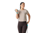 CRIVIT Ladies' Short Sleeve Sports Top in beige, worn by a woman exercising with a resistance band.