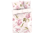 Pink floral bedding set: sheet, pillowcases, and duvet cover.