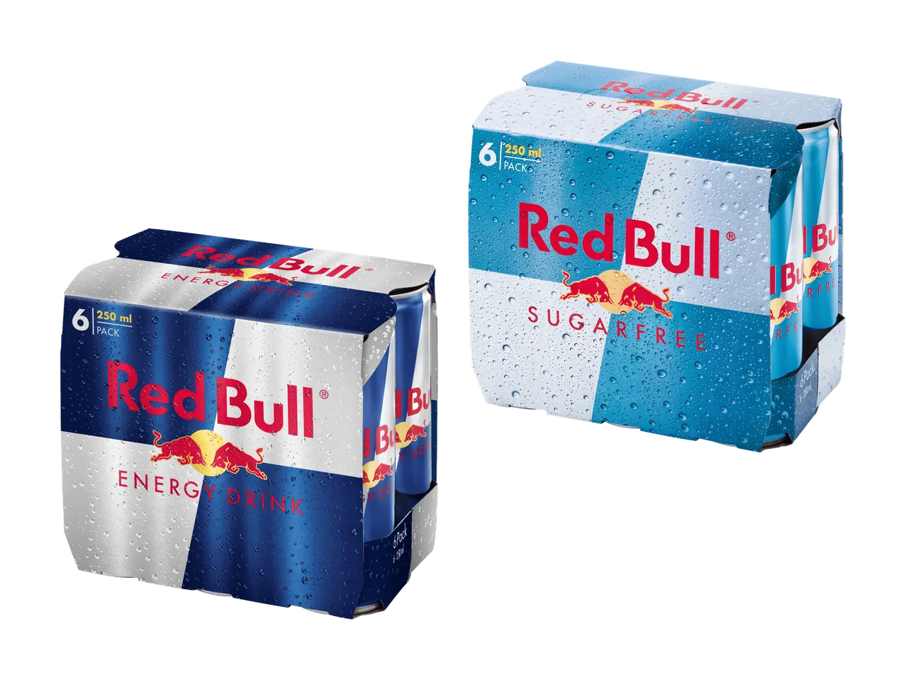 Zwei Sixpacks Energydrinks, einer davon zuckerfrei, mit Wassertropfen auf der Verpackung.
