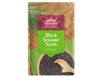 Vitasia juodosios sezamo sėklos, neluptos, dubenyje su mediniu šaukštu.