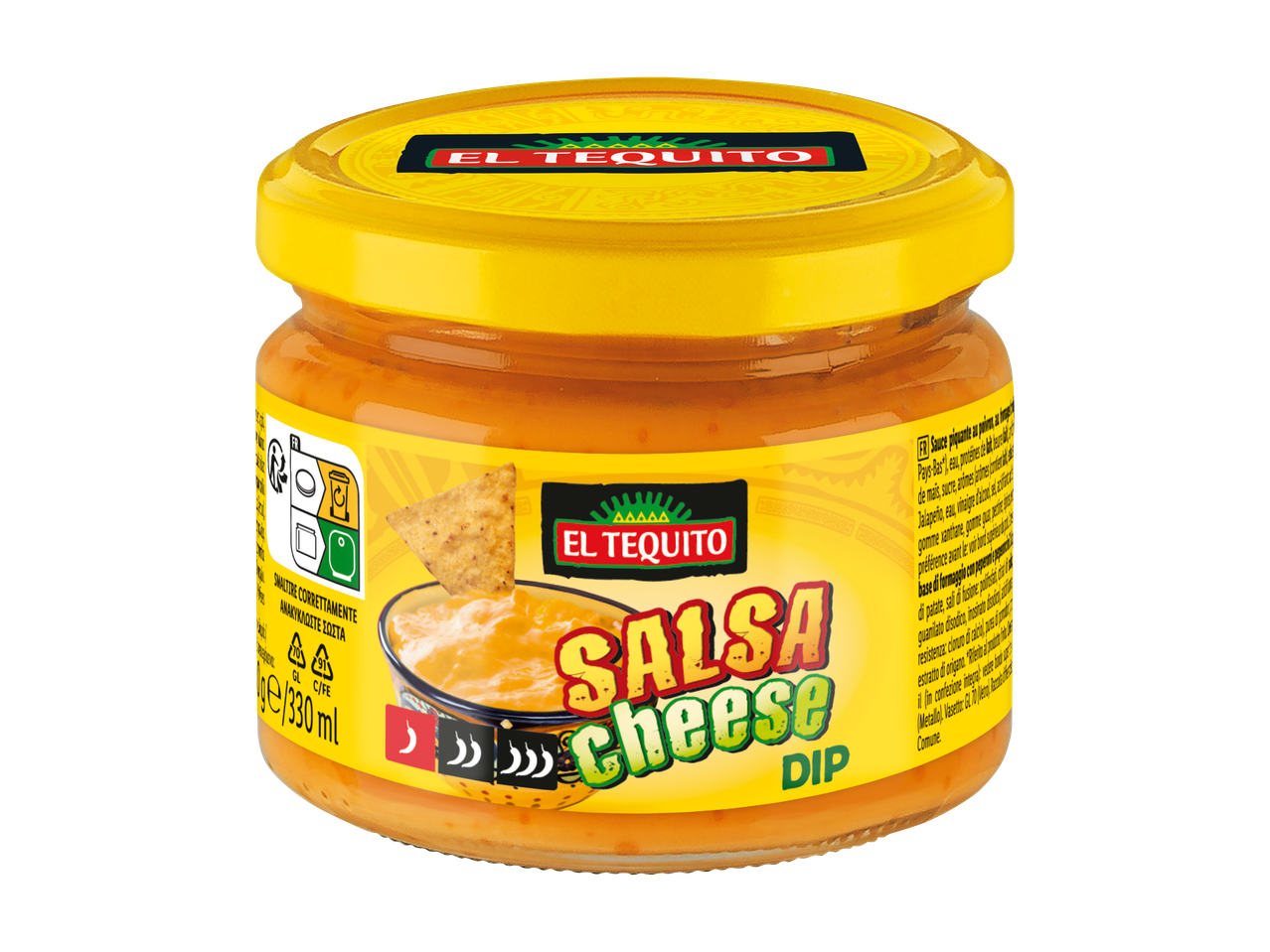 Pot de sauce El Tequito Salsa Cheese Dip avec une chips tortilla, 330ml.