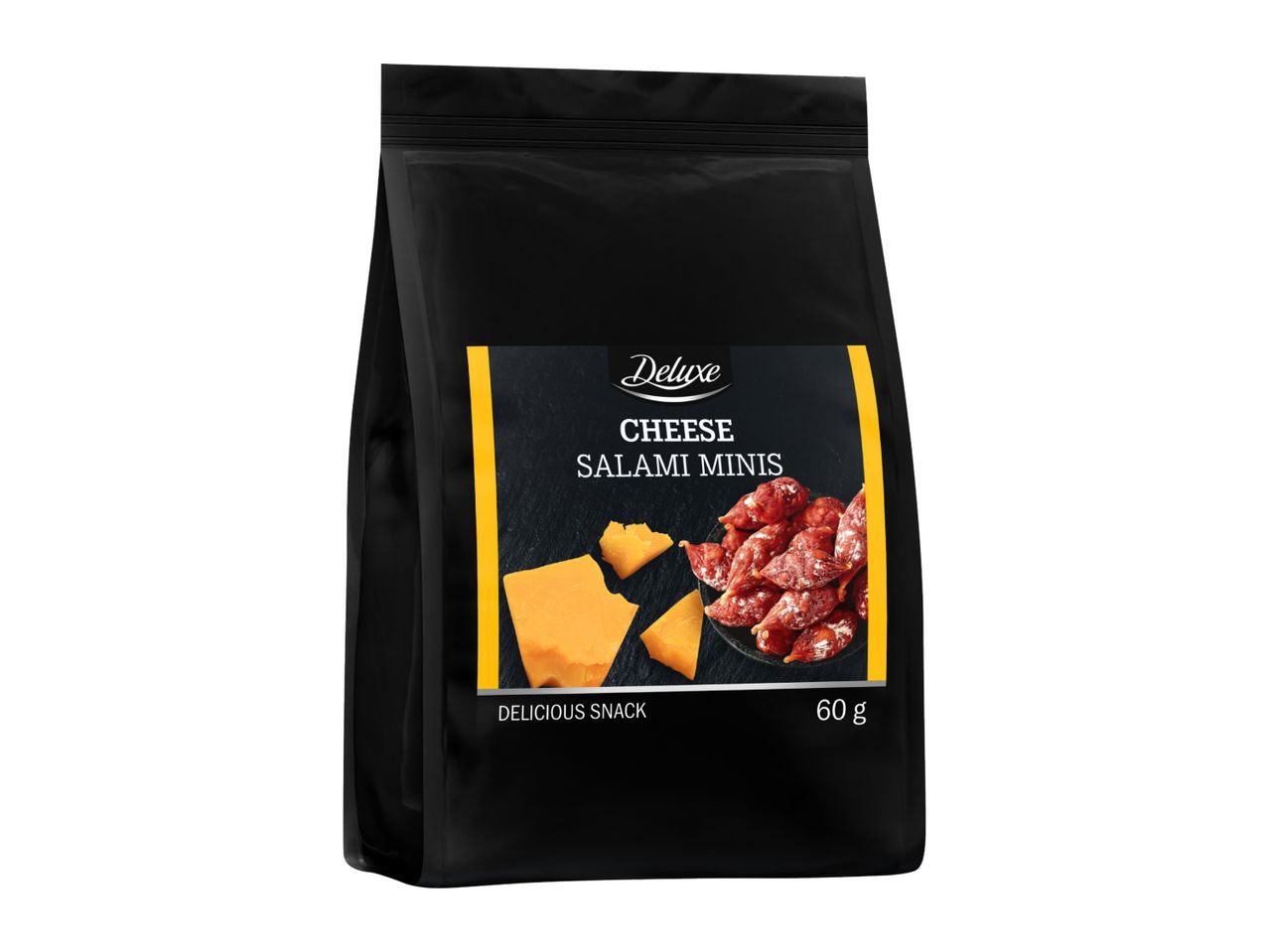 Black snack bag with cheese and salami minis, labeled 'DELICIOUS SNACK' and '60 g'.
