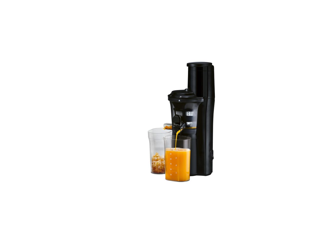 Black juicer pouring orange juice into a glass, with pulp in another glass.