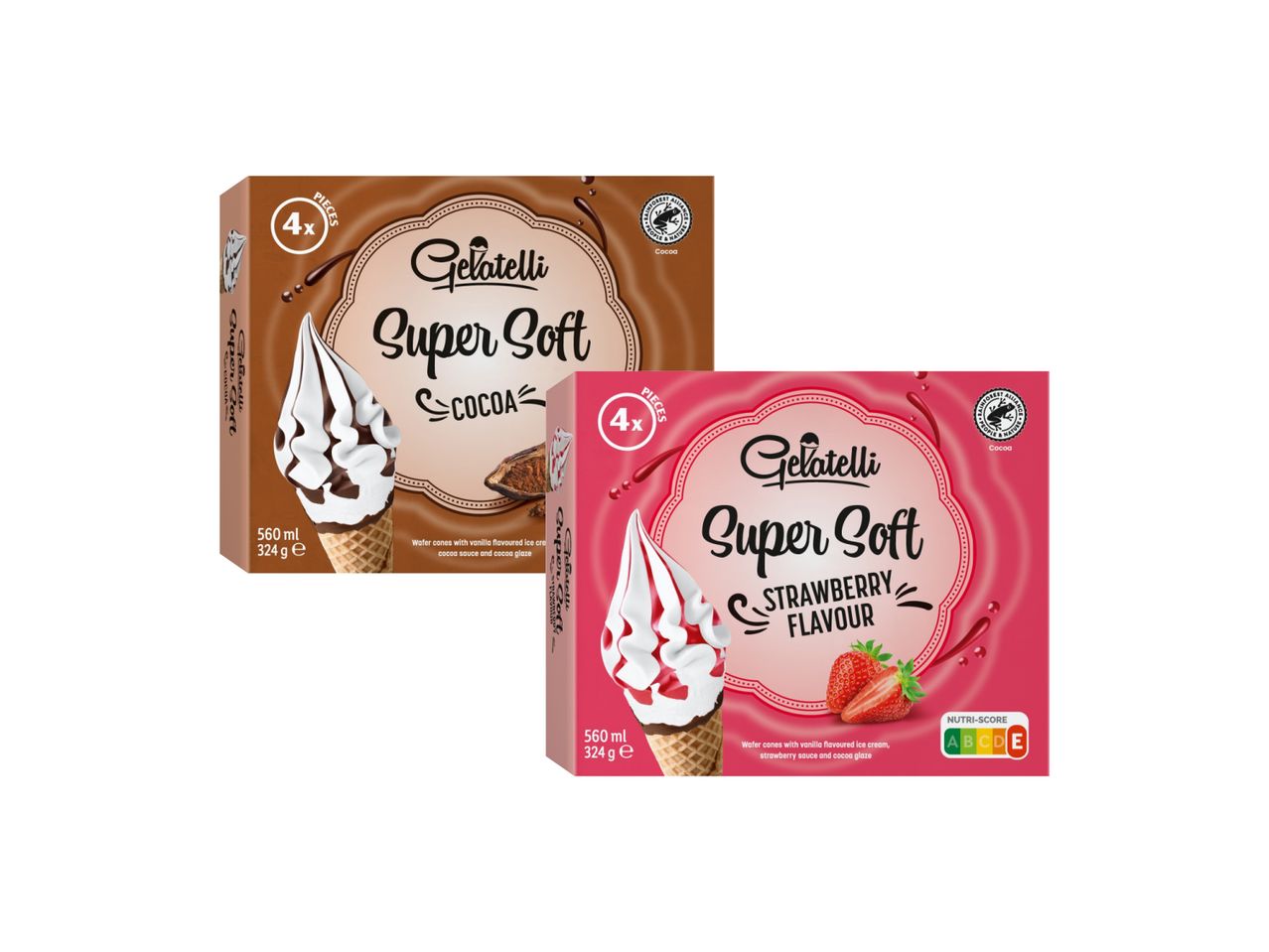 Dve kutije Gelatelli Super Soft sladoleda, jedna sa ukusom kakaoa, druga sa ukusom jagode.