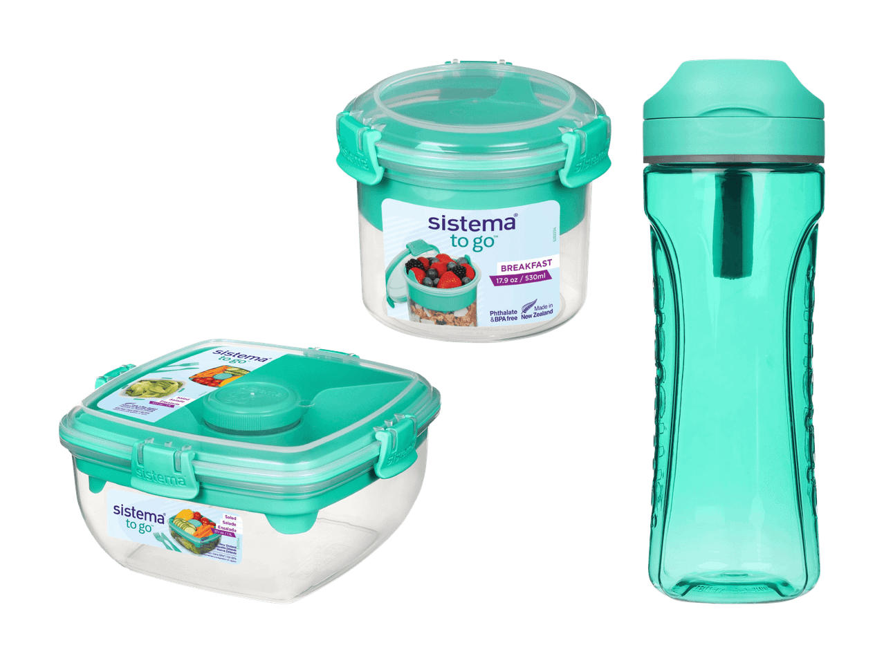 Lebensmittelbehälter und wiederverwendbare Trinkflasche in Türkis.