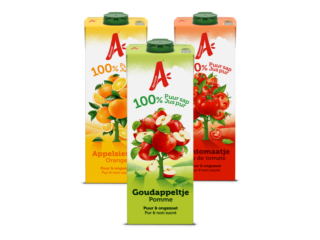 Drie pakken sap: sinaasappel, appel en tomaat, met de tekst '100% Puur sap'.