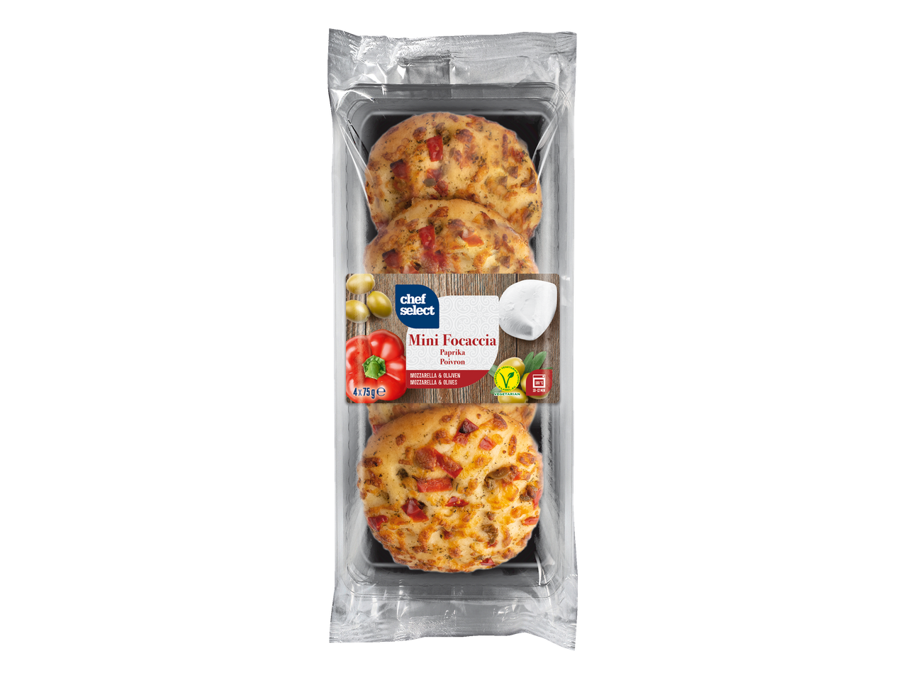 Chef Select Mini Focaccia Paprika, drie gebakken focaccia broodjes in een plastic verpakking.