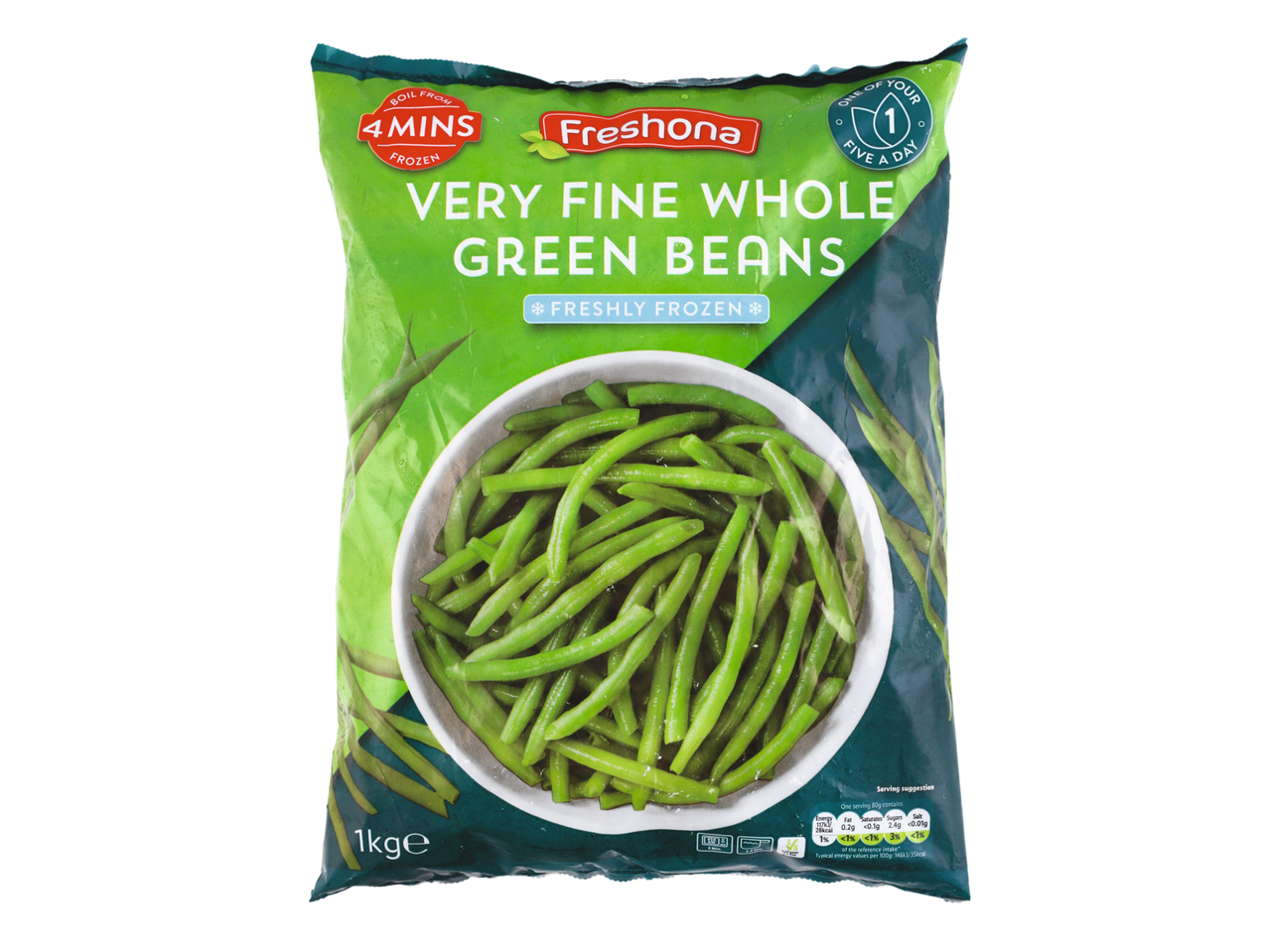 Frozen very fine whole green beans in a green bag, with cooking instructions and nutritional information.