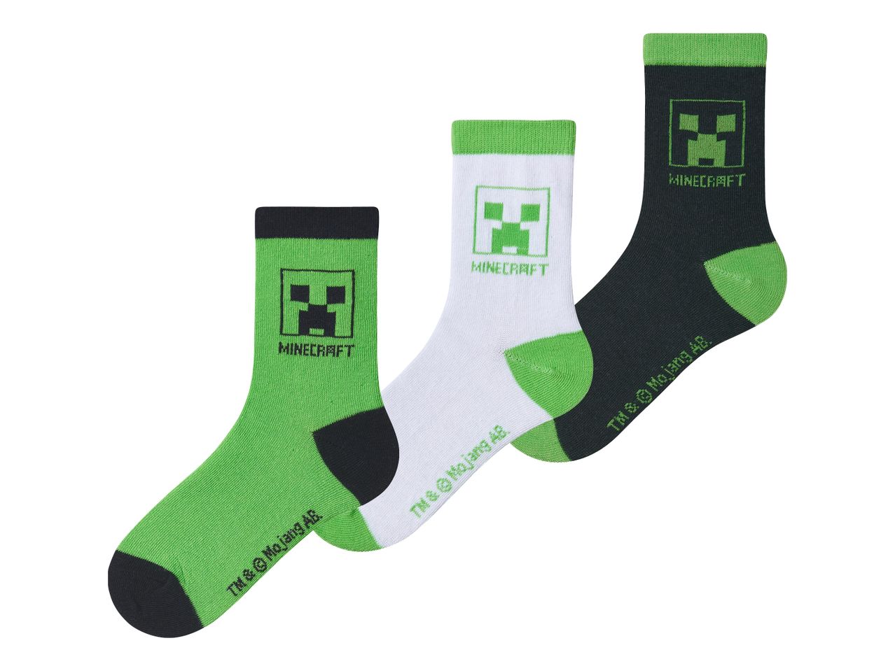 Three pairs of Minecraft socks in green, white, and black with Creeper faces.