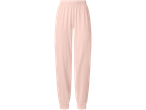 Šviesiai rožinės moteriškos sportinės kelnės su elastiniu juosmeniu ir rankogaliais.