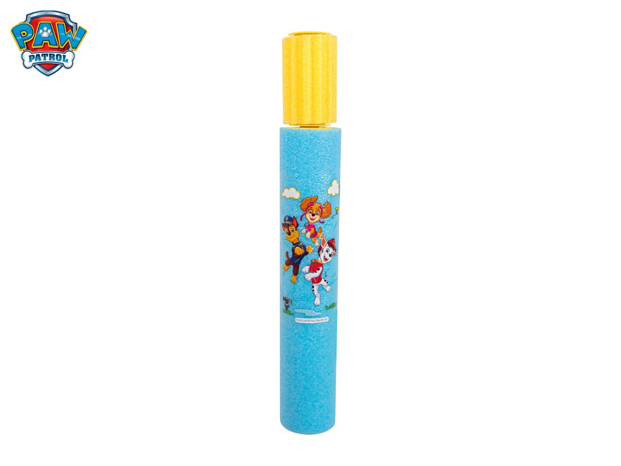Blue foam water blaster with Paw Patrol characters and a yellow handle