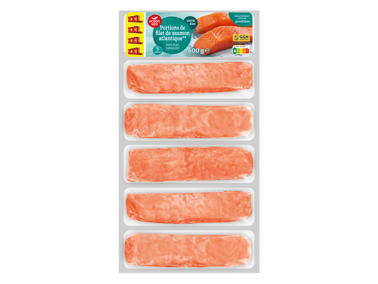 Paquet de 5 portions de filet de saumon atlantique surgelées, sans peau, 600g.