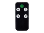 Black remote control with green power button and white fan, timer, and mode icons.