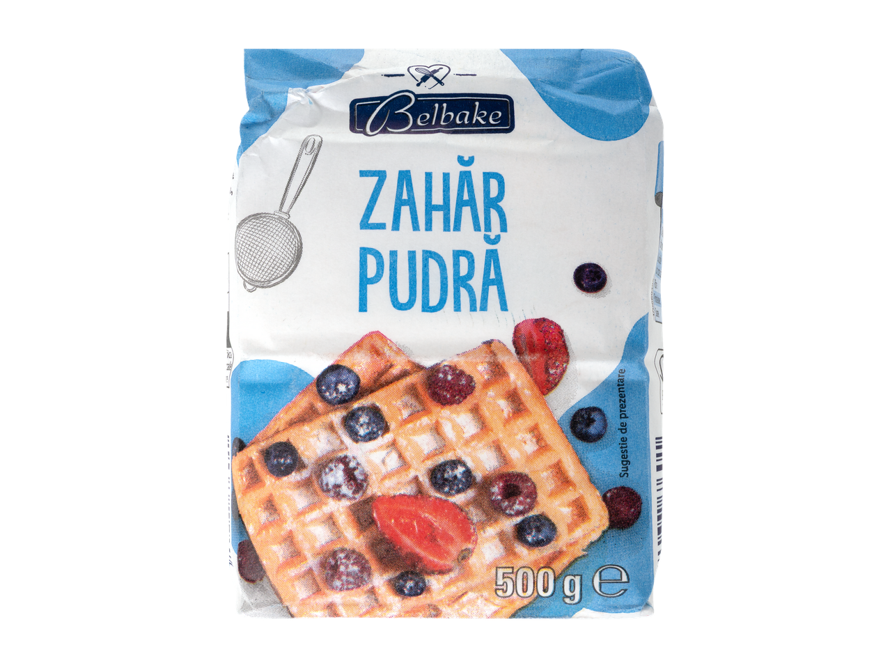 Zahar pudră Belbake, 500g; waffles cu fructe de pădure prezentate.