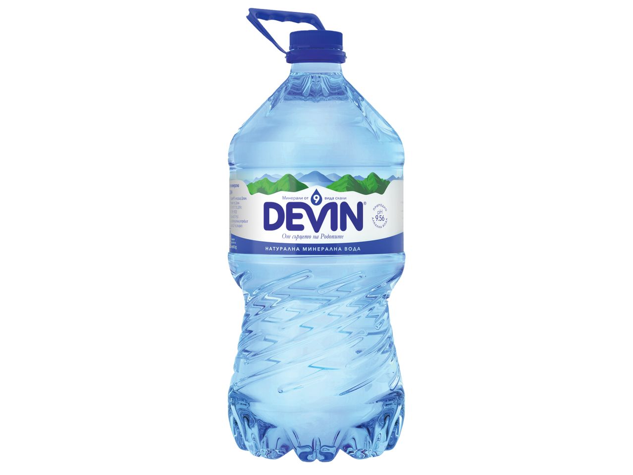 Бутилка минерална вода DEVIN с дръжка и етикет, показващ pH 9.56.