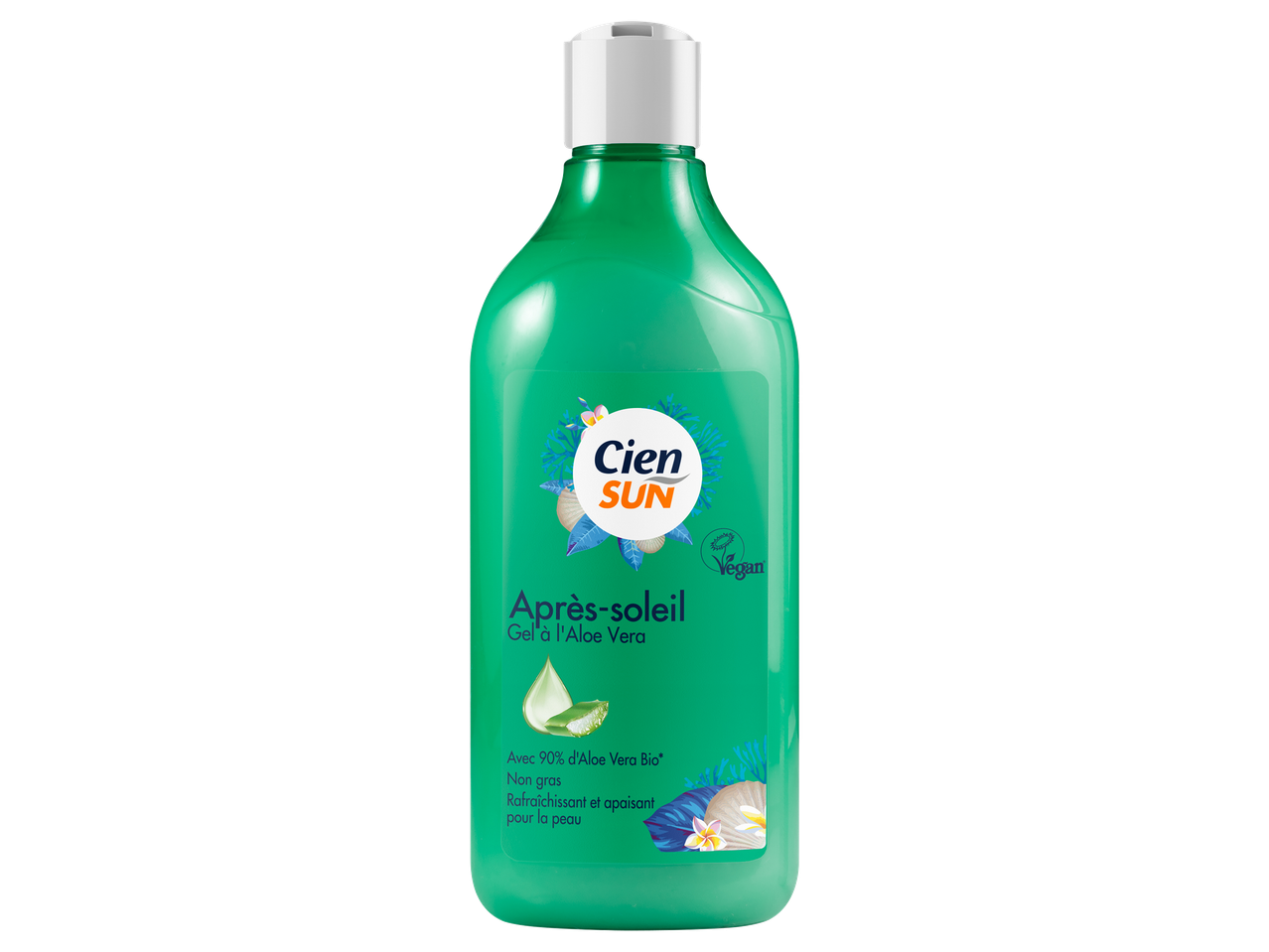 Bouteille de gel après-soleil à l'aloe vera, rafraîchissant et apaisant pour la peau.