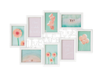 Multi-frame photo display with 'Live Laugh Love' theme; features flowers, balloons, and beach scenes.