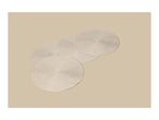 Four round, light beige woven placemats arranged diagonally on a beige background.