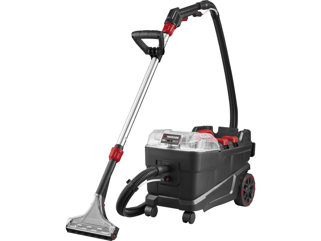 Aspirator cu spălare PARKSIDE PERFORMANCE 1250 W cu accesorii pe fundal negru.